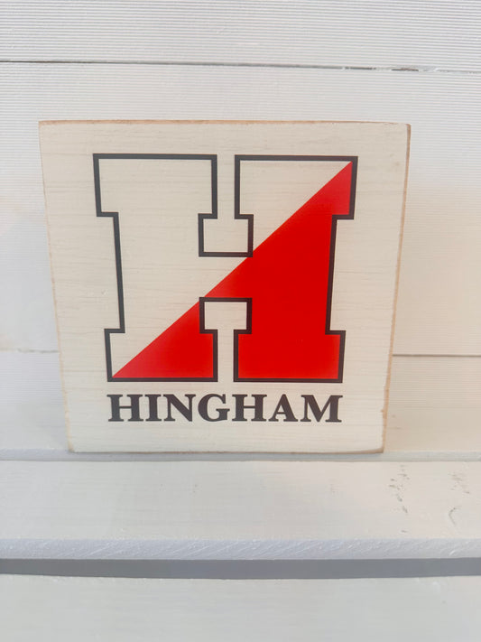 Square Wooden Block with Hingham 'H' Logo (red/black) and the words Hingham under logo