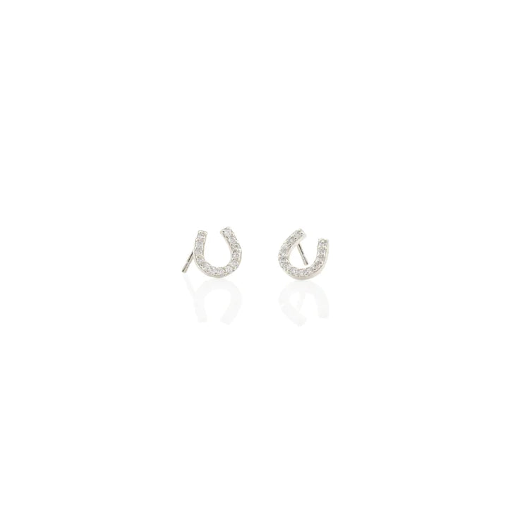 A pair of silver stud horseshoe earrings with cubic zirconia crystals.