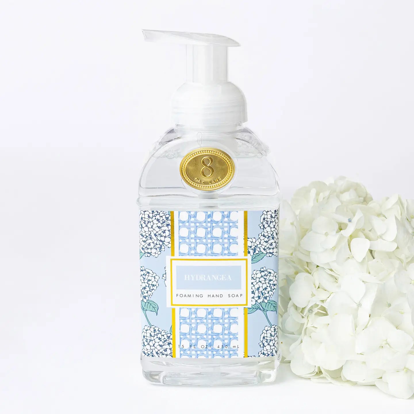 Hydrangea scented hand soap that foams and has a blue label with a clear bottle