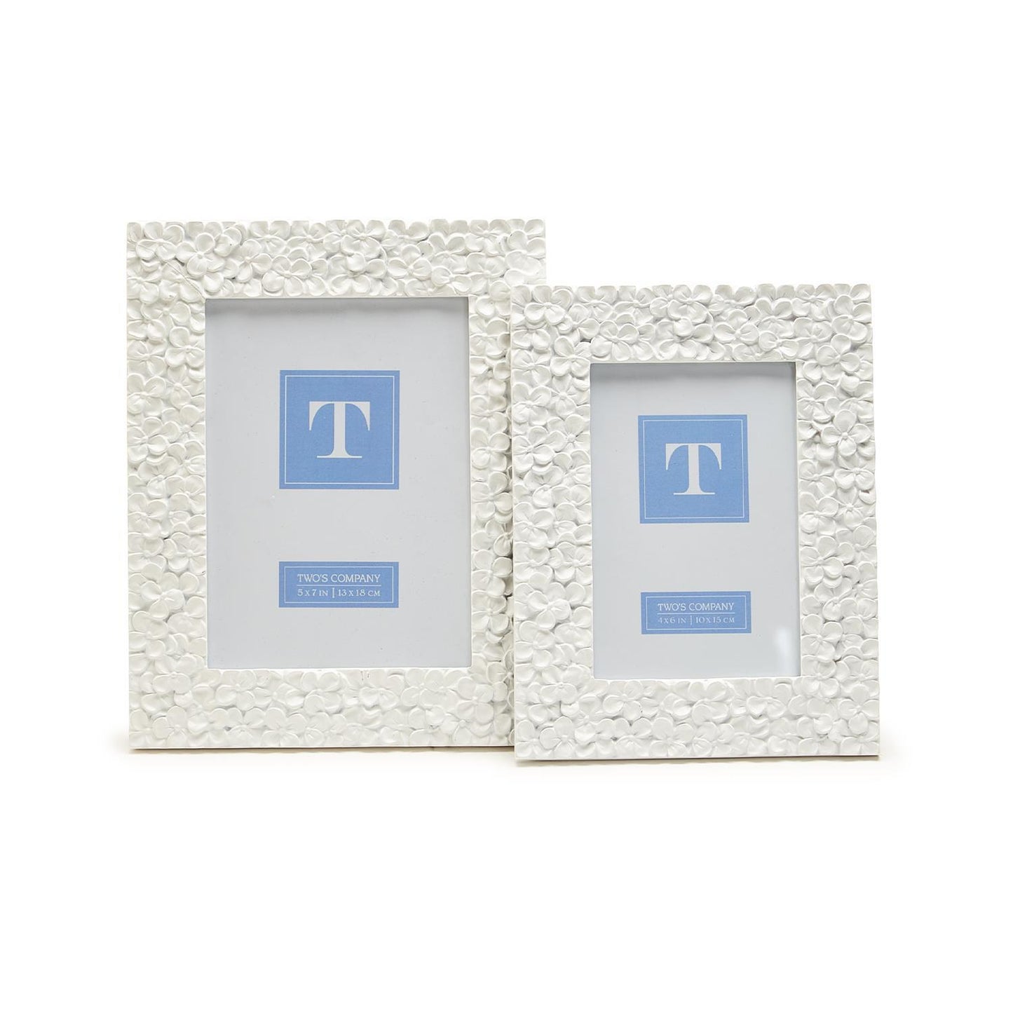 White picture frame with white Hydrangea flowers all along the frame