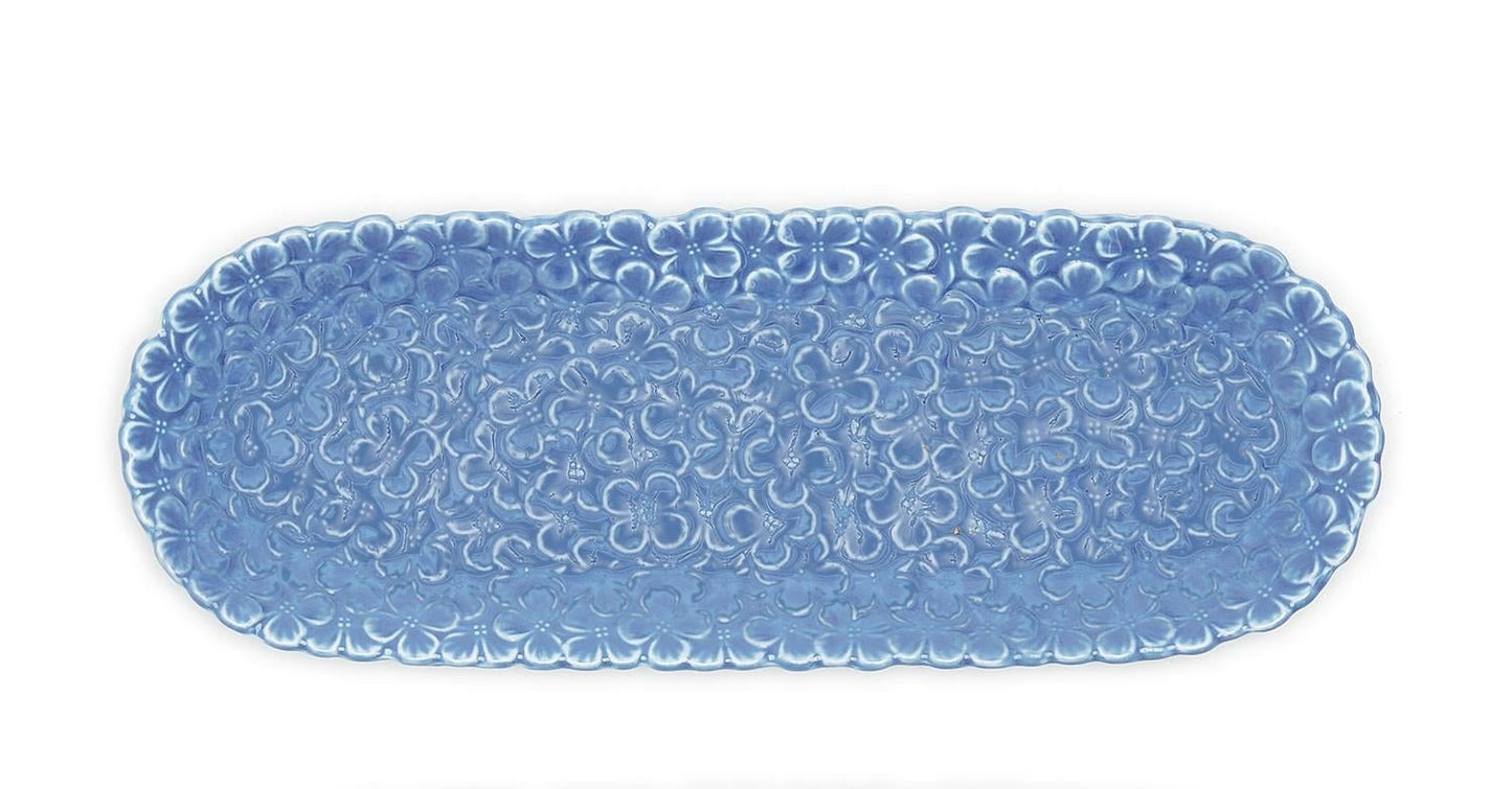 Long blue cracker Dish with small blue flowers filling the entire dish