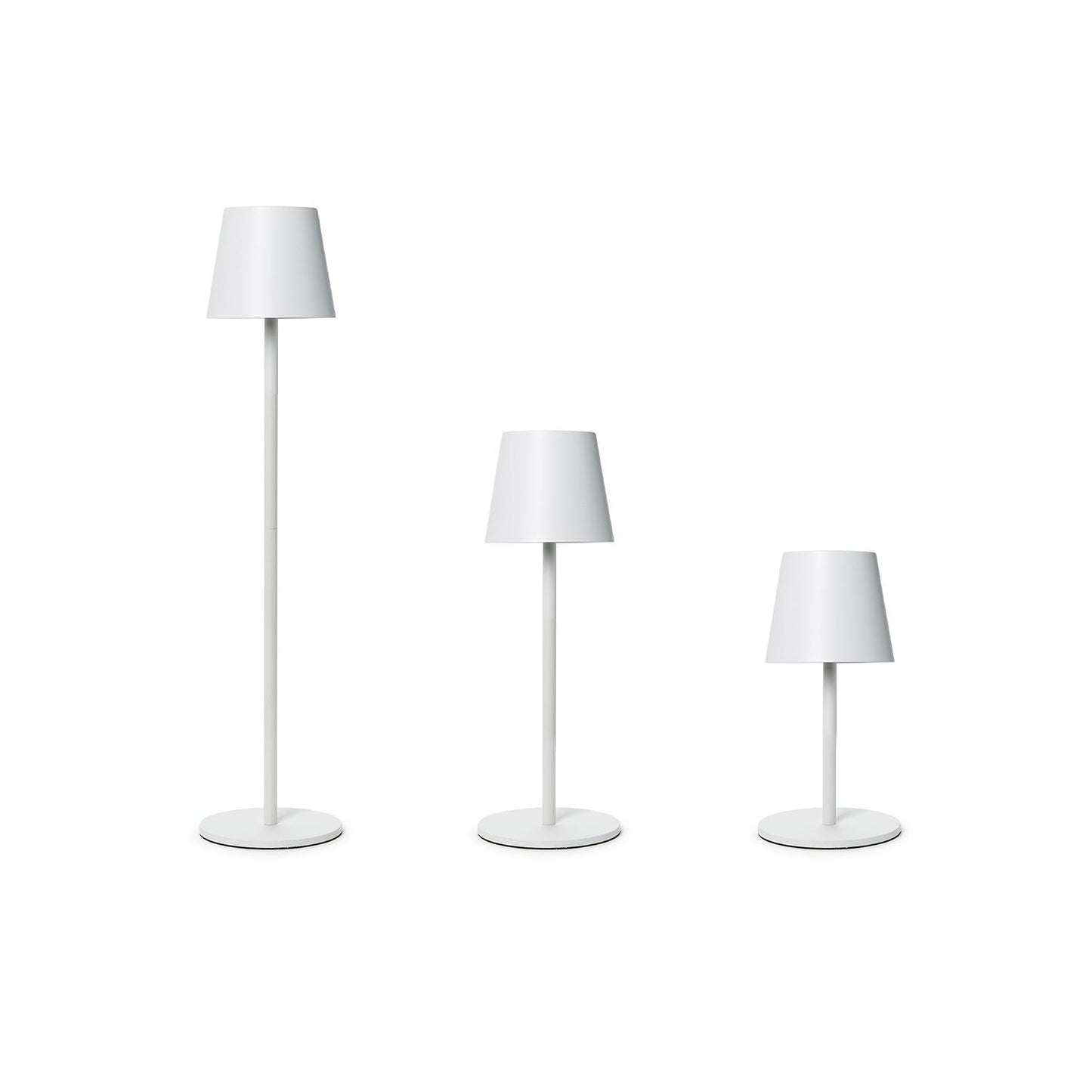 Mini white lamps with round base and triangle shaped top. Adjustable to 3 sizes