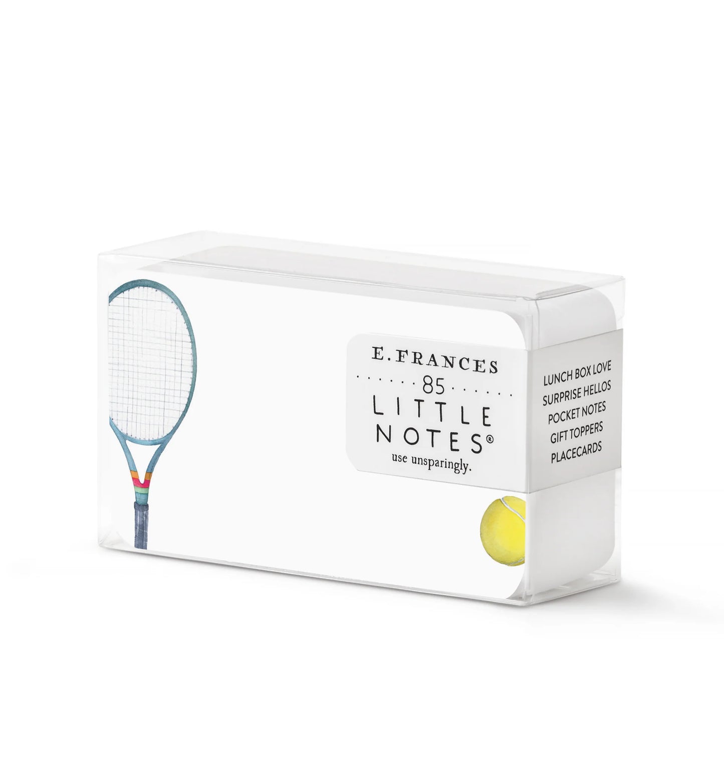 A clear plastic box containing E. FRANCES Little Notes notecards that are white with a blue tennis racquet and yellow tennis ball on the notecards