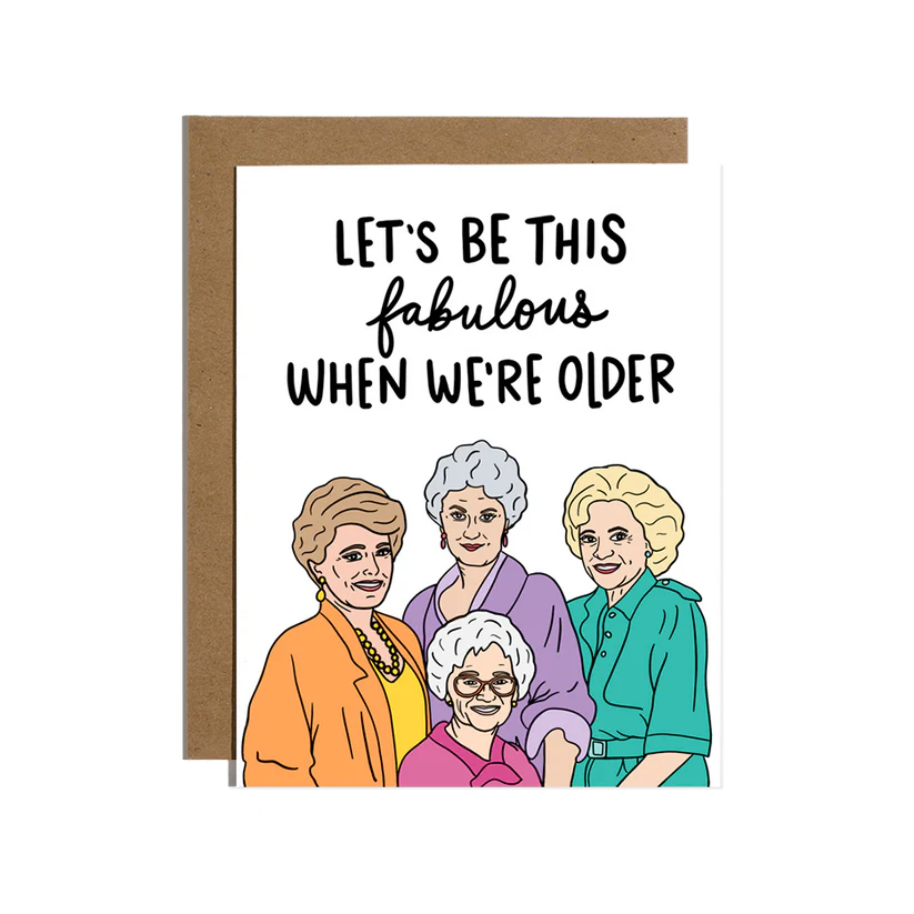 White card with black letters that has 4 older ladies on it with colorful clothes on