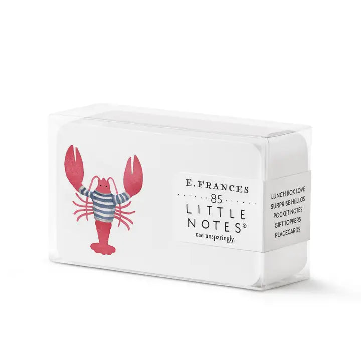 Small white note cards with a red lobster on the left side wearing a blue and white striped shirt.
