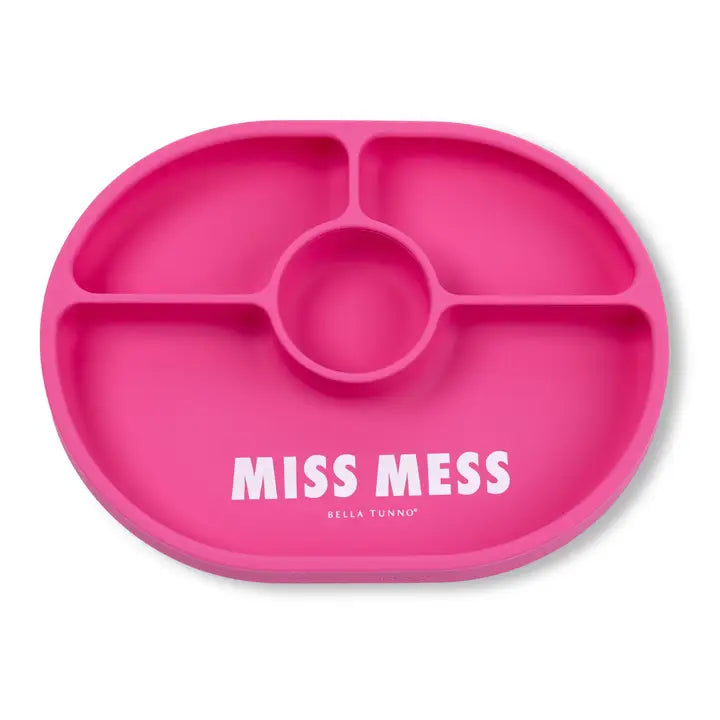 Pink silicone baby dish with divided sections and 'MISS MESS' text on a white background
