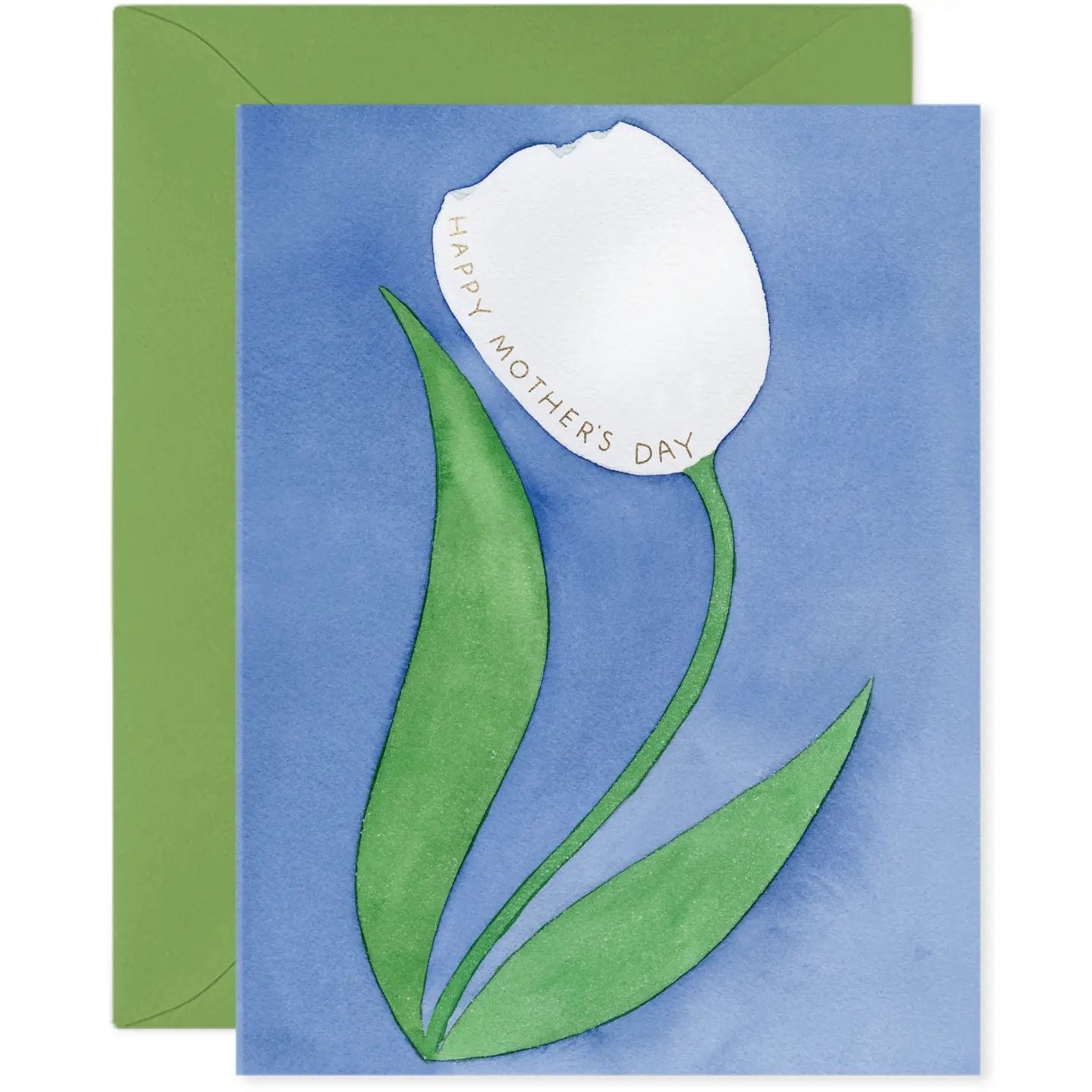 Blue Greeting Card with white tulip. Happy Mother's Day in Gold Foil