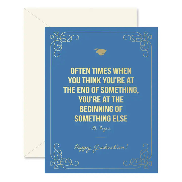 Dark blue Grad card with a quote by Mr. Rogers written in gold
