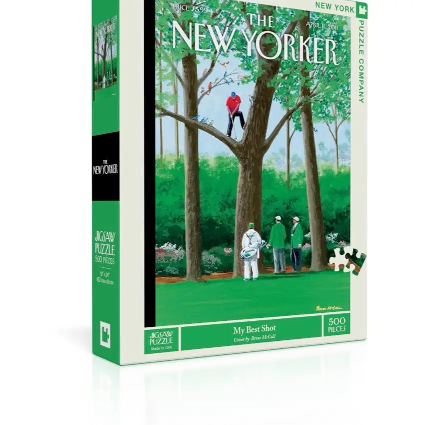 Jigsaw puzzle box featuring artwork of people in a forest by The New Yorker, with a green and white design.