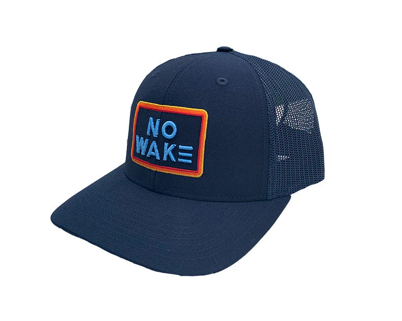Navy Hat with Orange and Yellow Patch NO WAKE in aqua blue