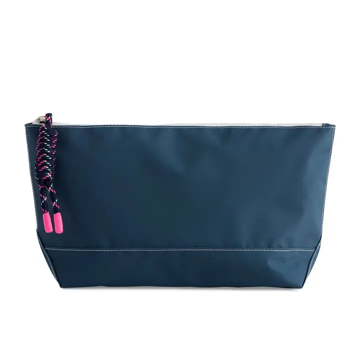 water resistant pouch in navy with navy pink and white sailor knotted zip tab