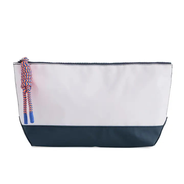 Water resitant pouch in white with navy bottom and orange and royal blue sailor knotted zip tab