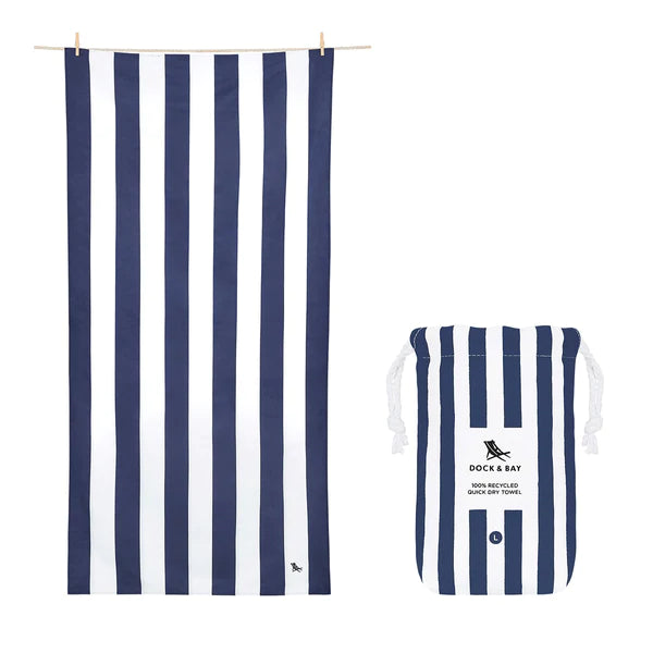 Bold striped blue and white quick dry beach towel with matching storage pouch