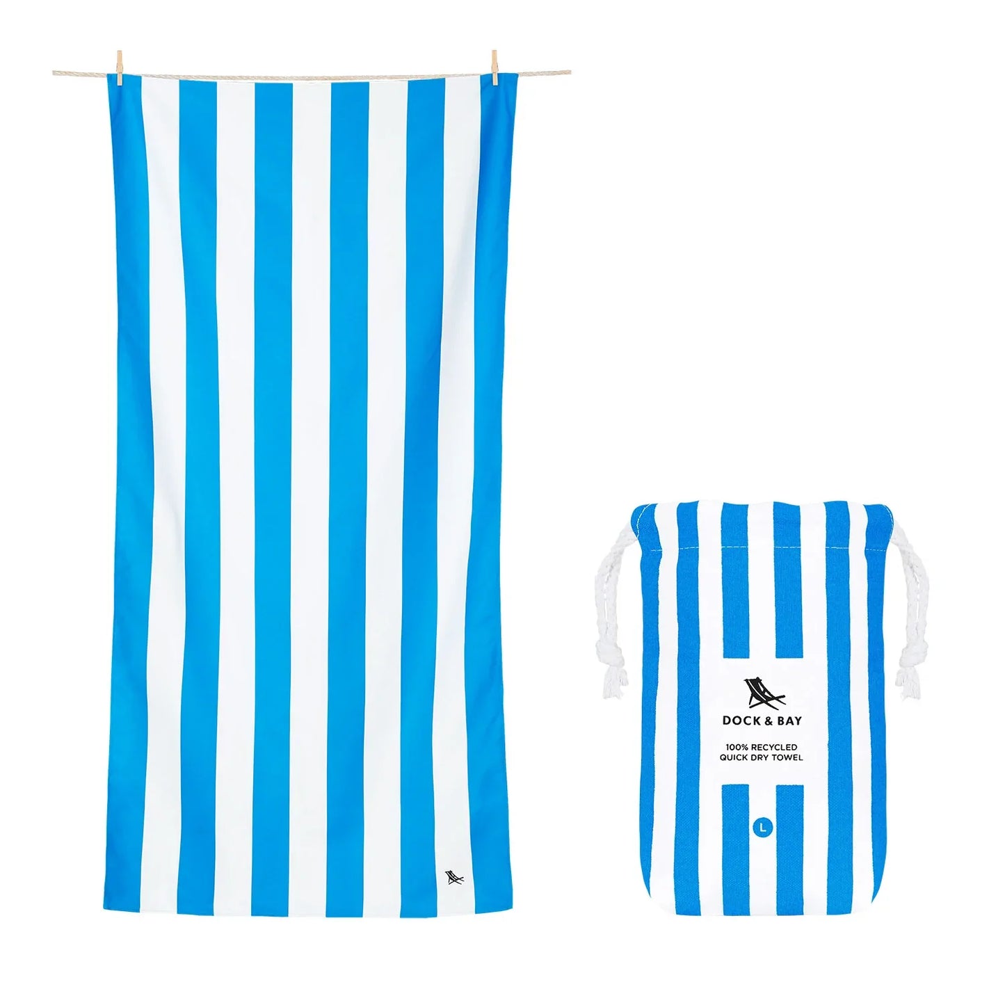 Blue and white stripe quick dry towel with matching storage pouch