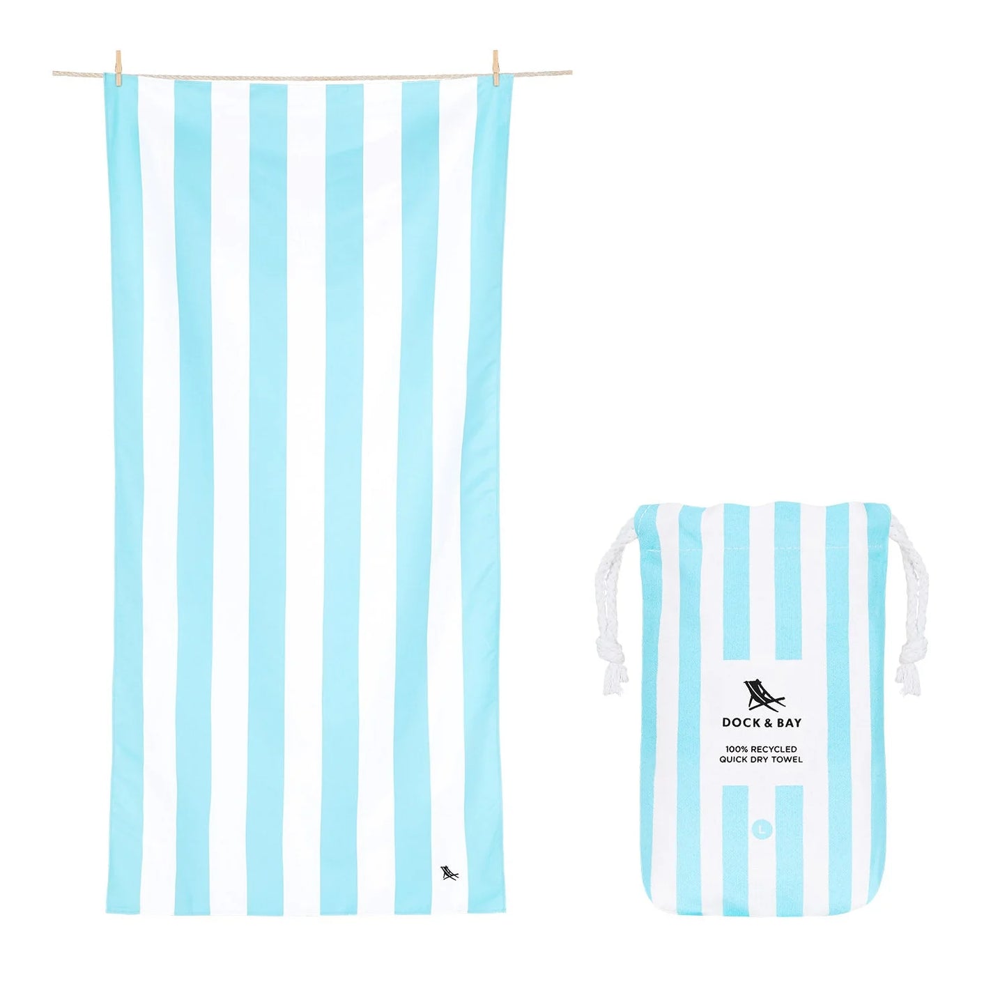 Light blue and white stripe towel that come with a matching bag