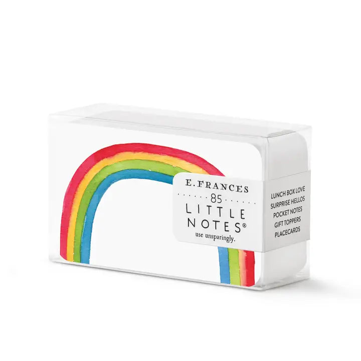 Small white Note cards with a red, yellow, green and blue rainbow on in the middle.