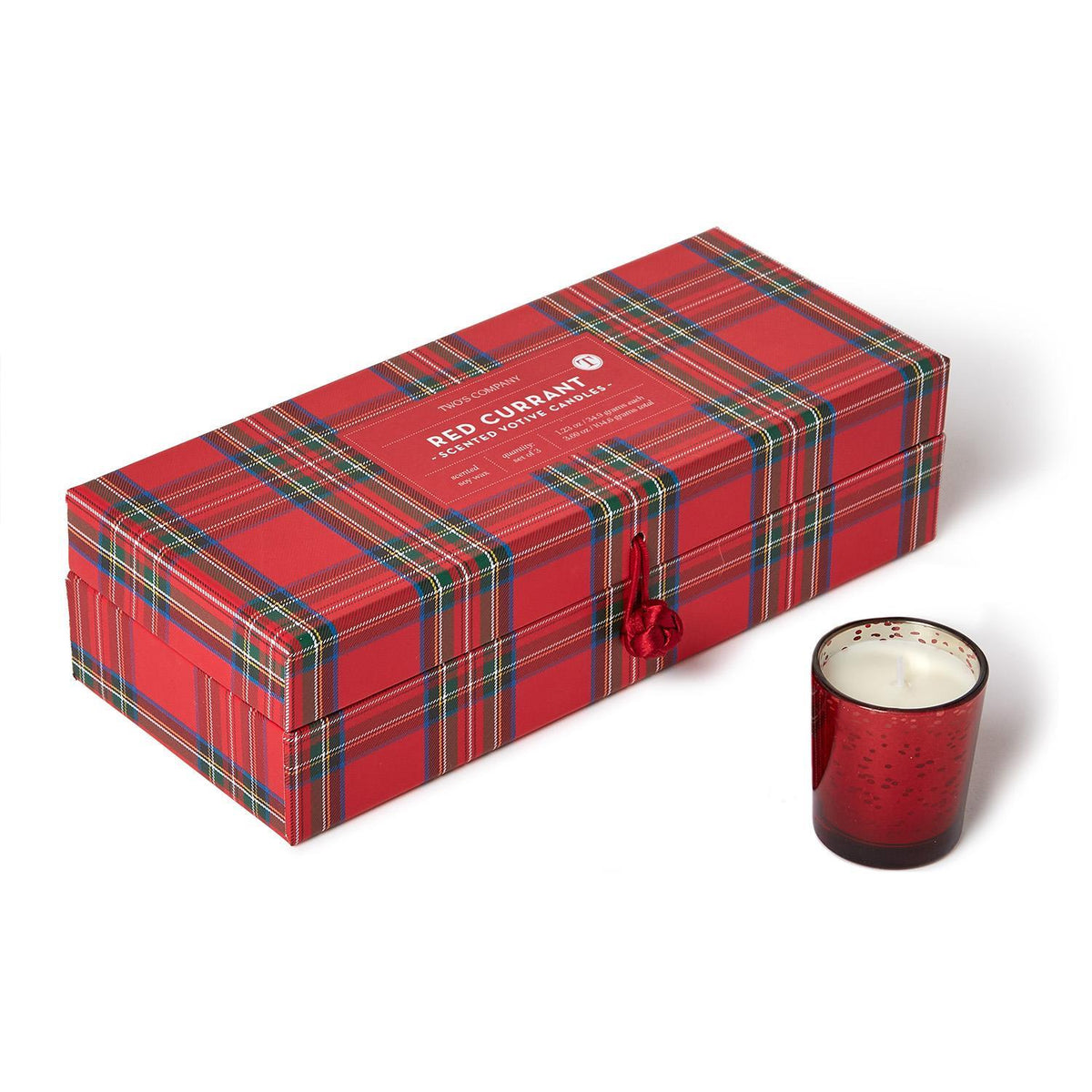 Red plaid candle box with a red candle on a white background