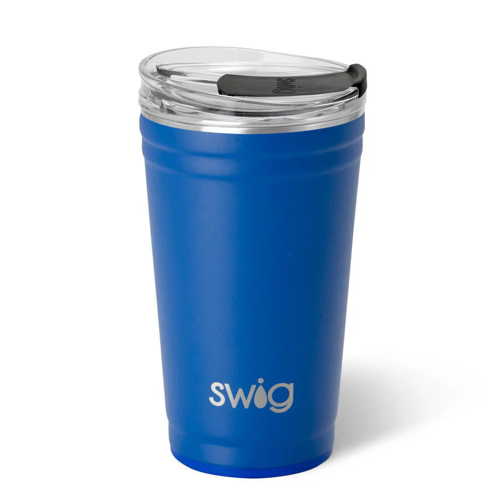 Small blue cup with clear, black, and silver touches