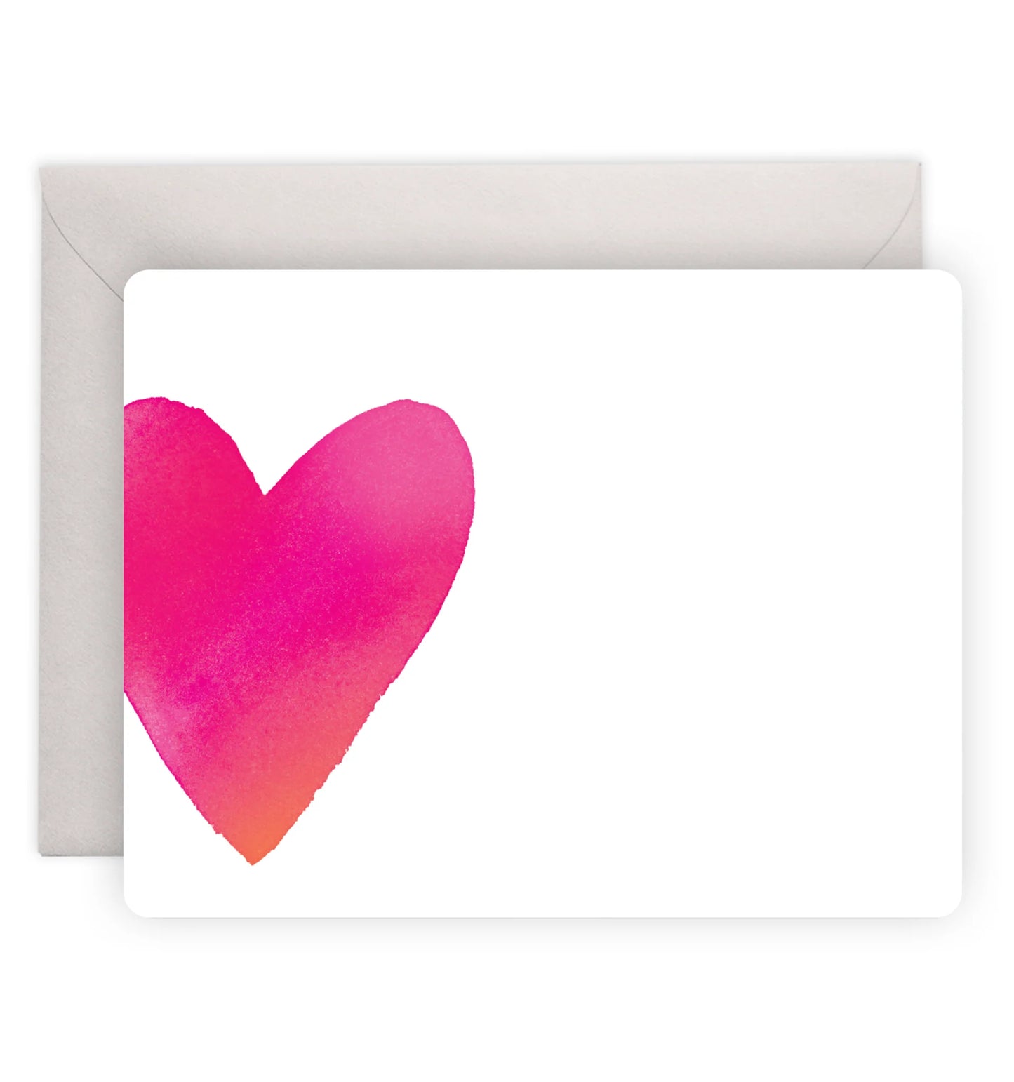 A set of eight, flat white E. Frances note cards with a large red heart on left side of card. Comes with light gray envelopes.