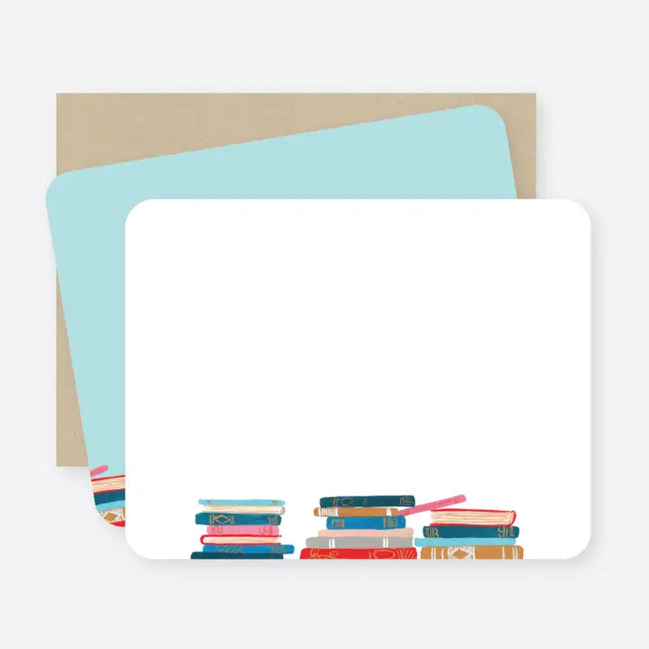 Box Set of Note Cards- White background with colorful books stacked at the bottom