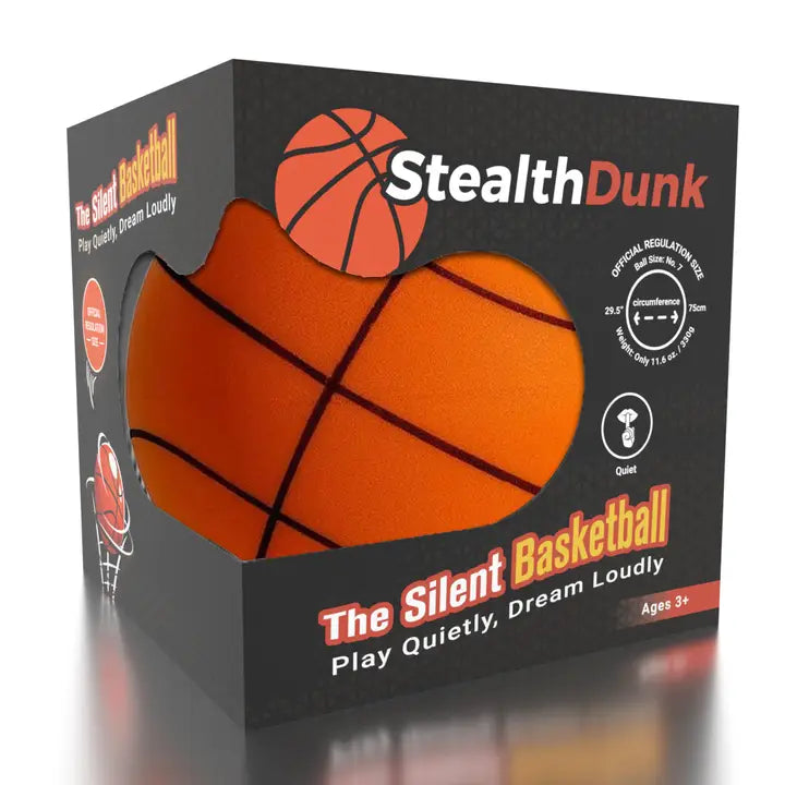 Basketball displayed in black square box. stealth dunk, the silent basketball.