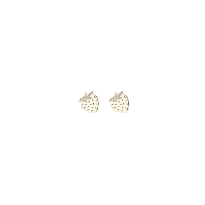 Gold strawberry stud earrings on a white background