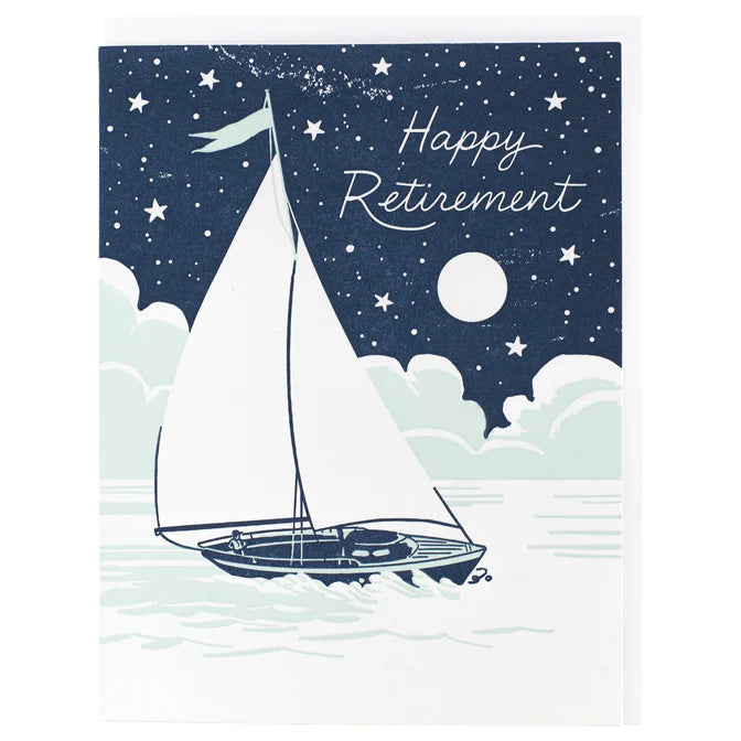 Sailboat illustration on a 'Happy Retirement' card with a night sky and stars.