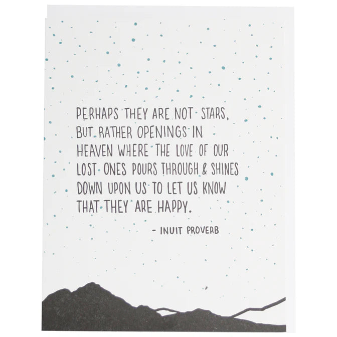 Inuit proverb about stars and heaven with a mountain silhouette on a starry background