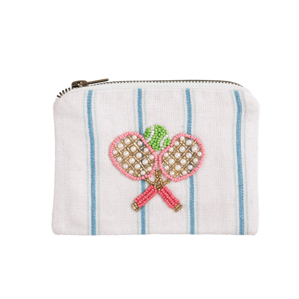 small white beaded pouch with light blue vertical stripes and pink crossing tennis rackets and ball