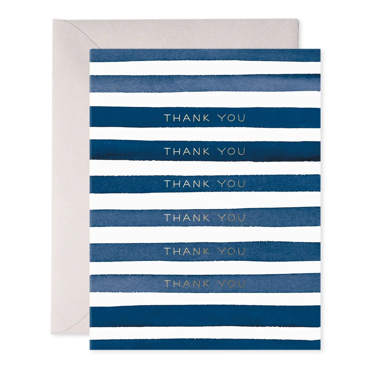 Greeting Card with Blue and White Stripes Thank you in Silver foil repeats on the stripes