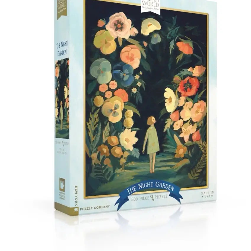 Puzzle box titled 'The Night Garden' with a person and floral design on the cover.