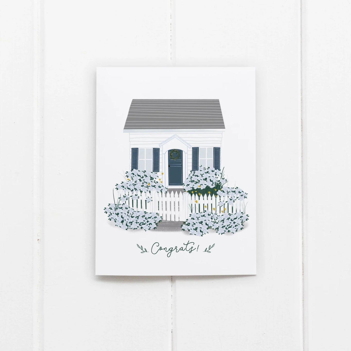 Hydrangeas Cottage "Congrats!" card featuring a little cottage and white picket fence with hydrangeas. Perfect for new home or any summer great news!
