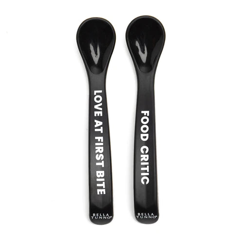 Baby Spoon Set black: one says love at first bite the other food critic