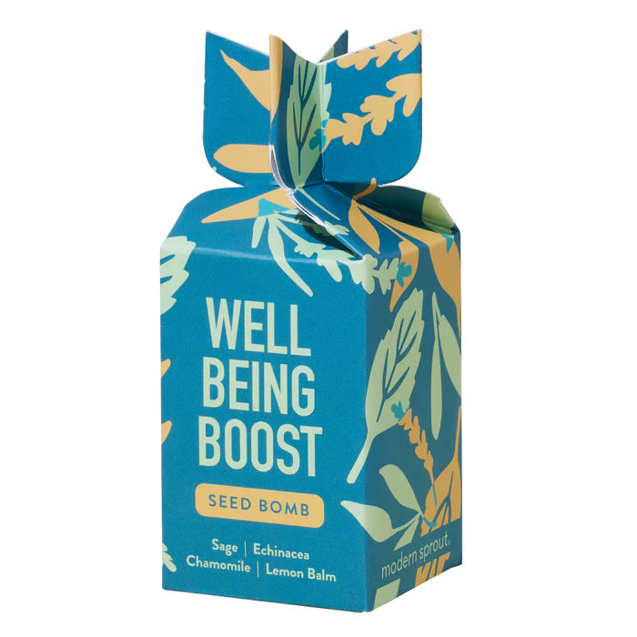 Blue box labeled 'Well Being Boost Seed Bomb' with leaf designs