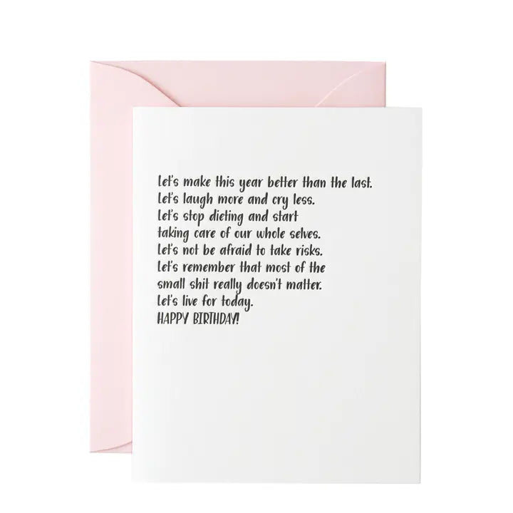 Greeting card with birthday message with black print on a white background