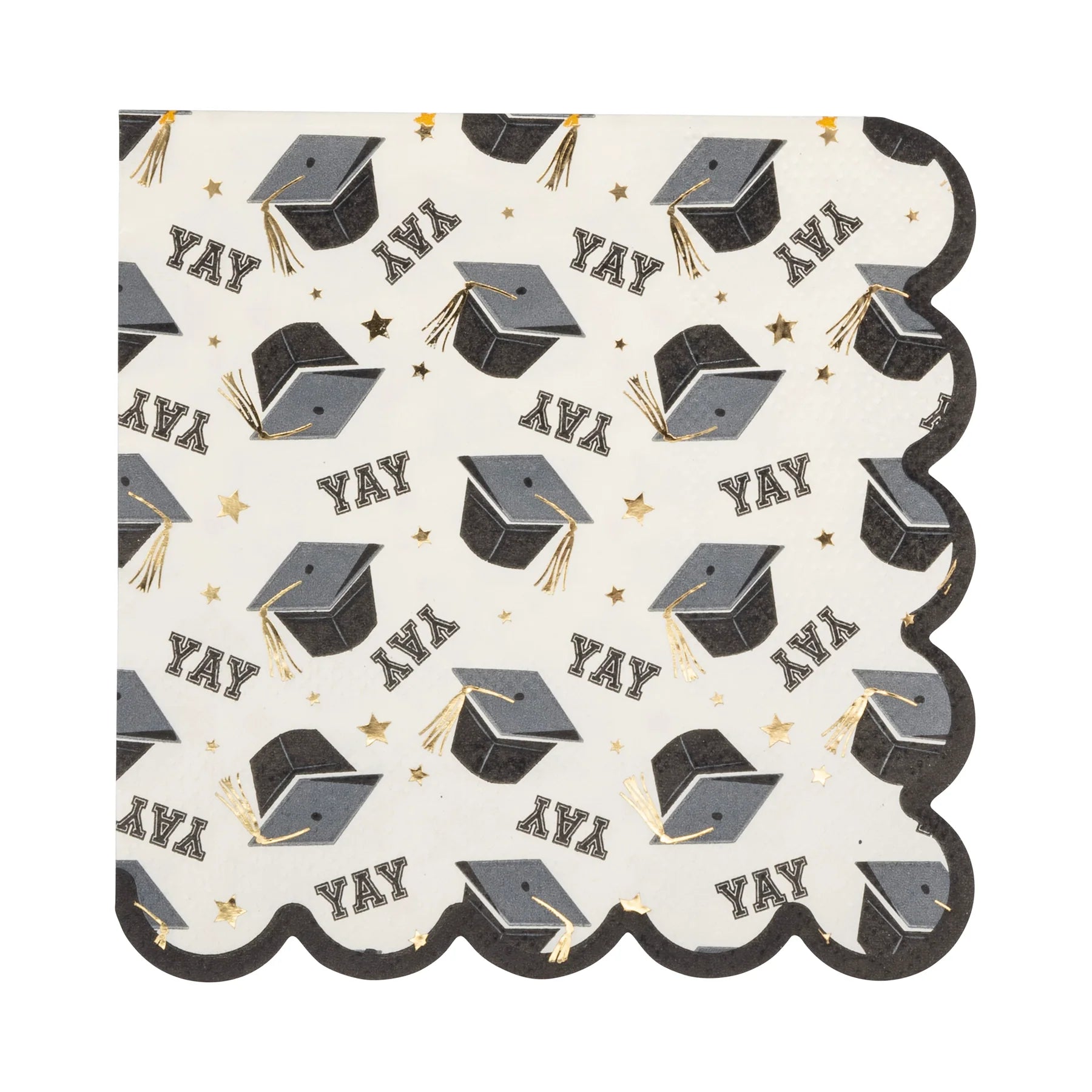 Cocktail Napkin with scattered grad caps and YAY (in Varsity font letters)