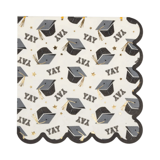 Cocktail Napkin with scattered grad caps and YAY (in Varsity font letters)