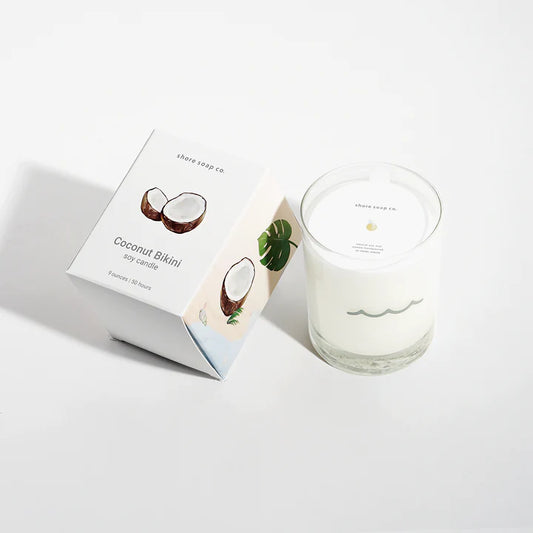 coconut bikini candle box and candle lying flat
