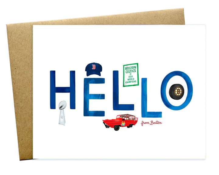Greeting card with 'HELLO' from Boston. Boston sports fans will love this greeting featuring their favorite sports teams, the Red Sox, Celtics, Patriots and Bruins with a celebratory Duck Boat of course.