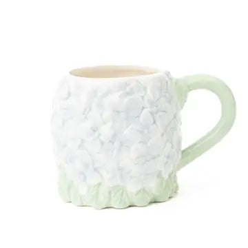 Light Blue Hydrangea Mug with textured design and green handle