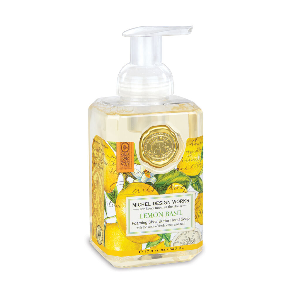 lemon basil foaming soap rectangle bottle with label that has lemons and script