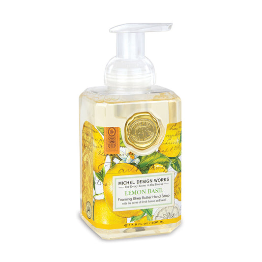 lemon basil foaming soap rectangle bottle with label that has lemons and script