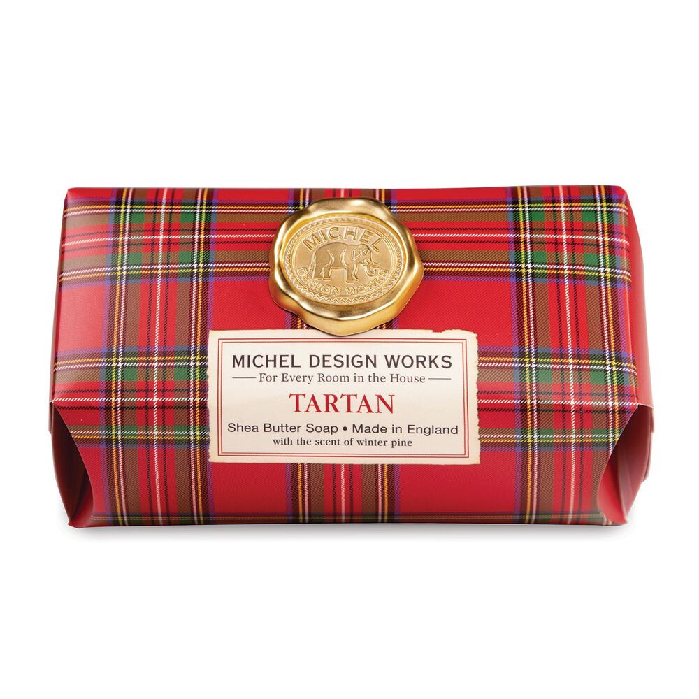 tartan bar soap label is red green blue plaid