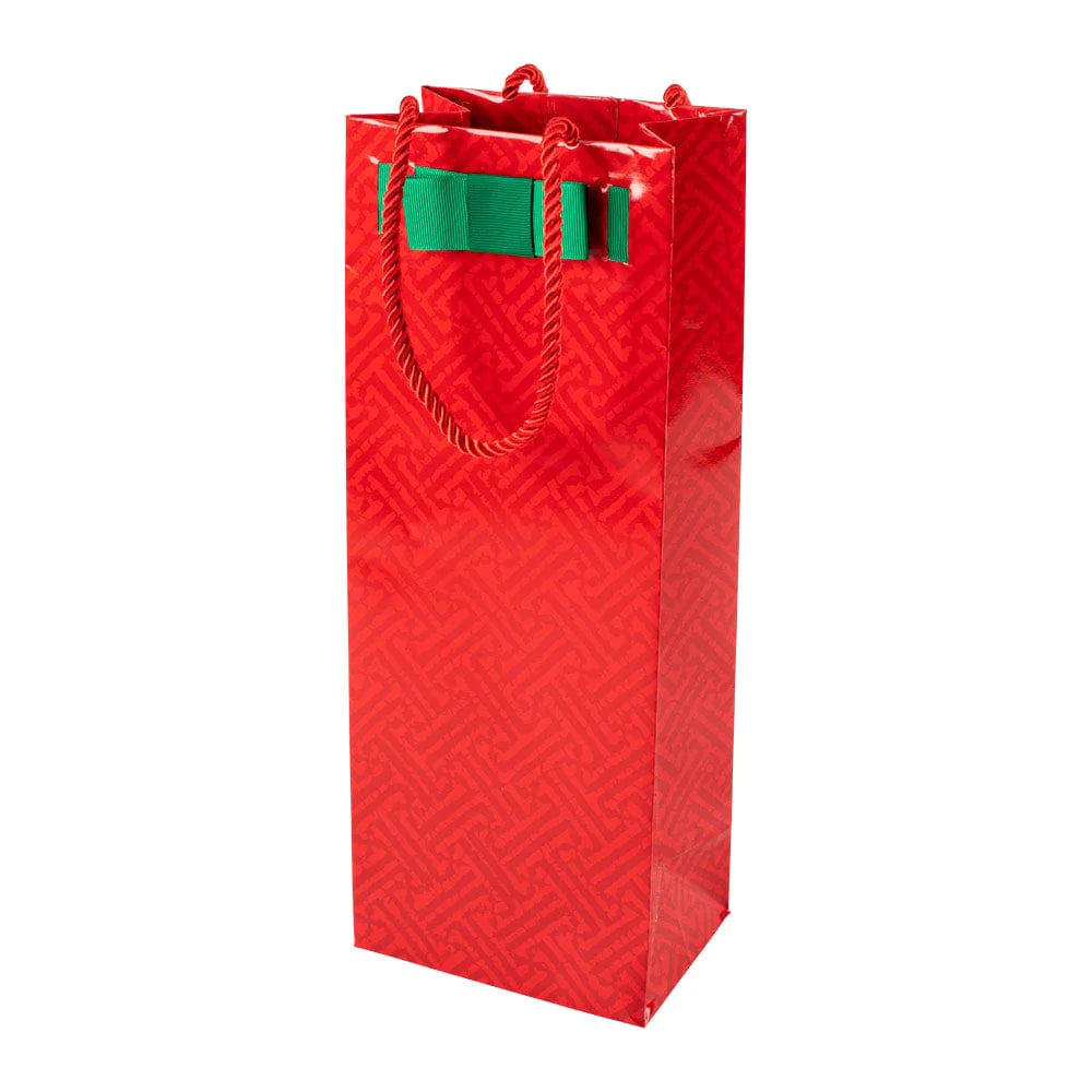 Red Wine Bag with Dark Red geometrical pattern. Green Bow