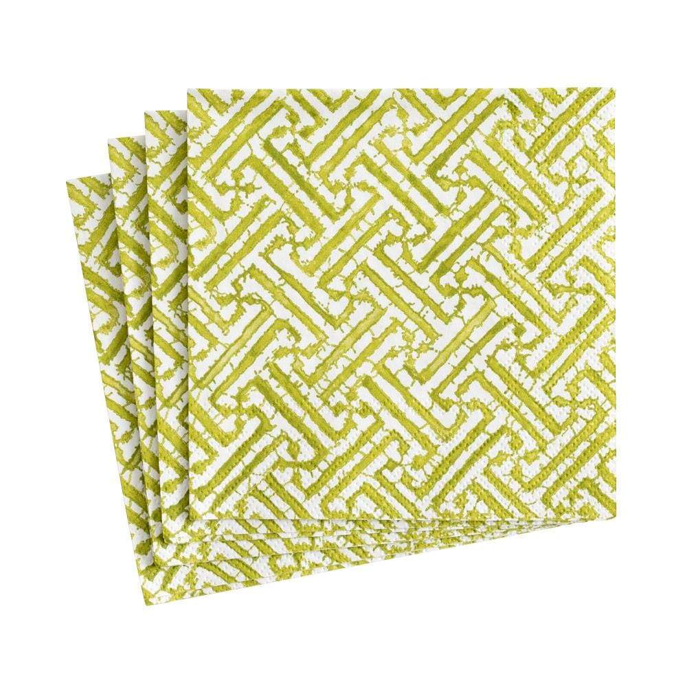 A pack of cocktail napkins with a geometric pattern in moss green and white colors.
