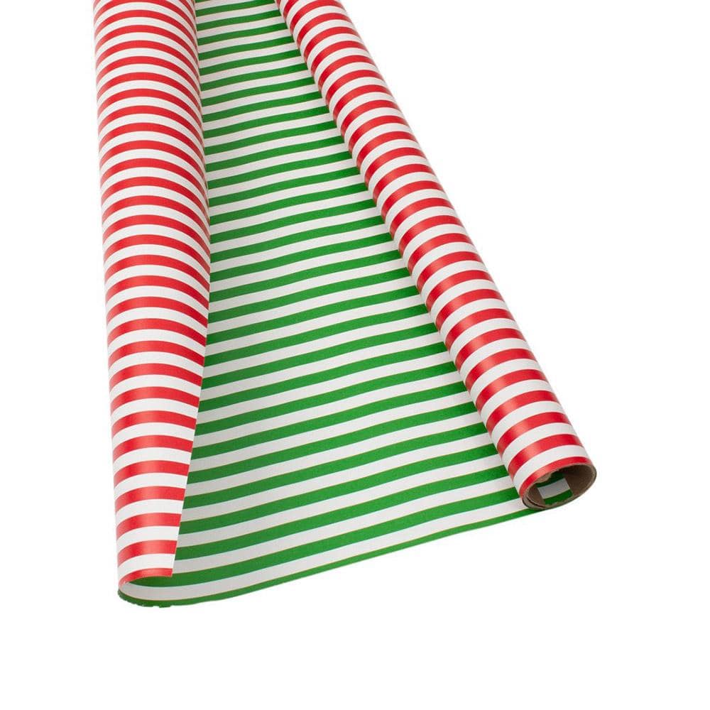 Reversible gift wrap green and white strip vs. red and white stripe