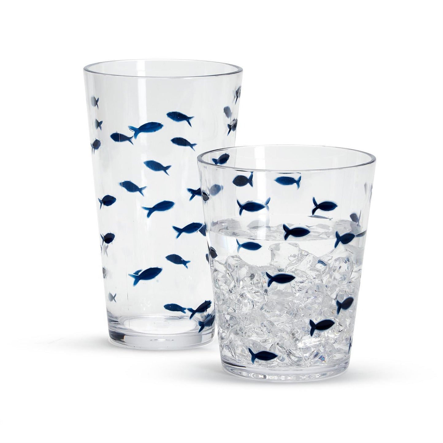 clear acrylic rocks and tumbler glass with navy blue fish