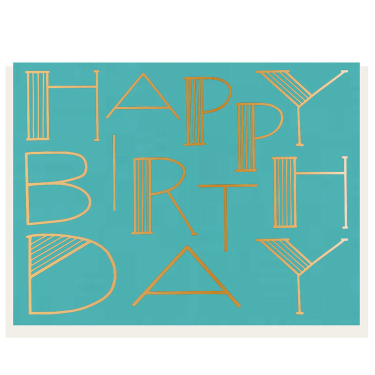 Teal birthday card with gold writing that says "Happy birthday".