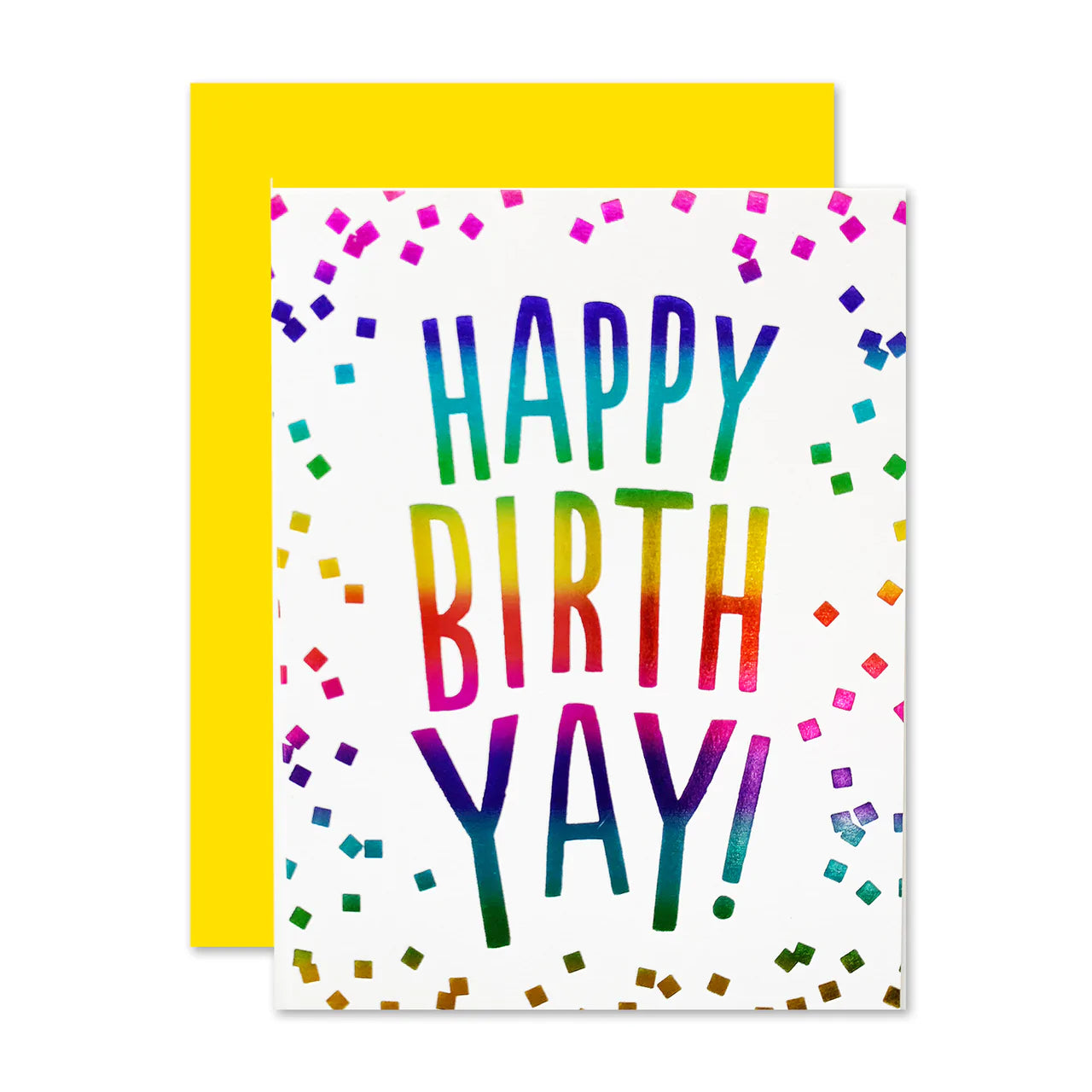 Colorful card with text Happy Birth YAY! and confetti. Yellow envelope
