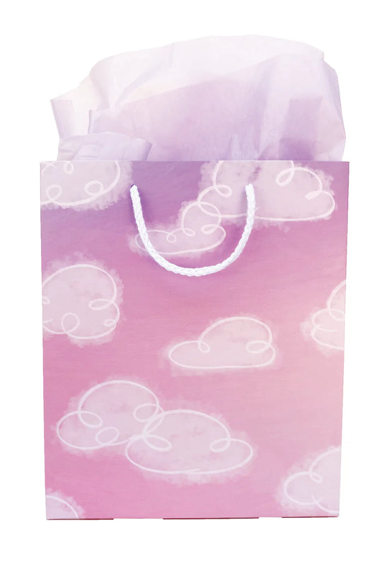Pink and white gift bag with white clouds on it